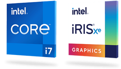 Intel® Core™ i7 and Intel® iRIS® xe logos.